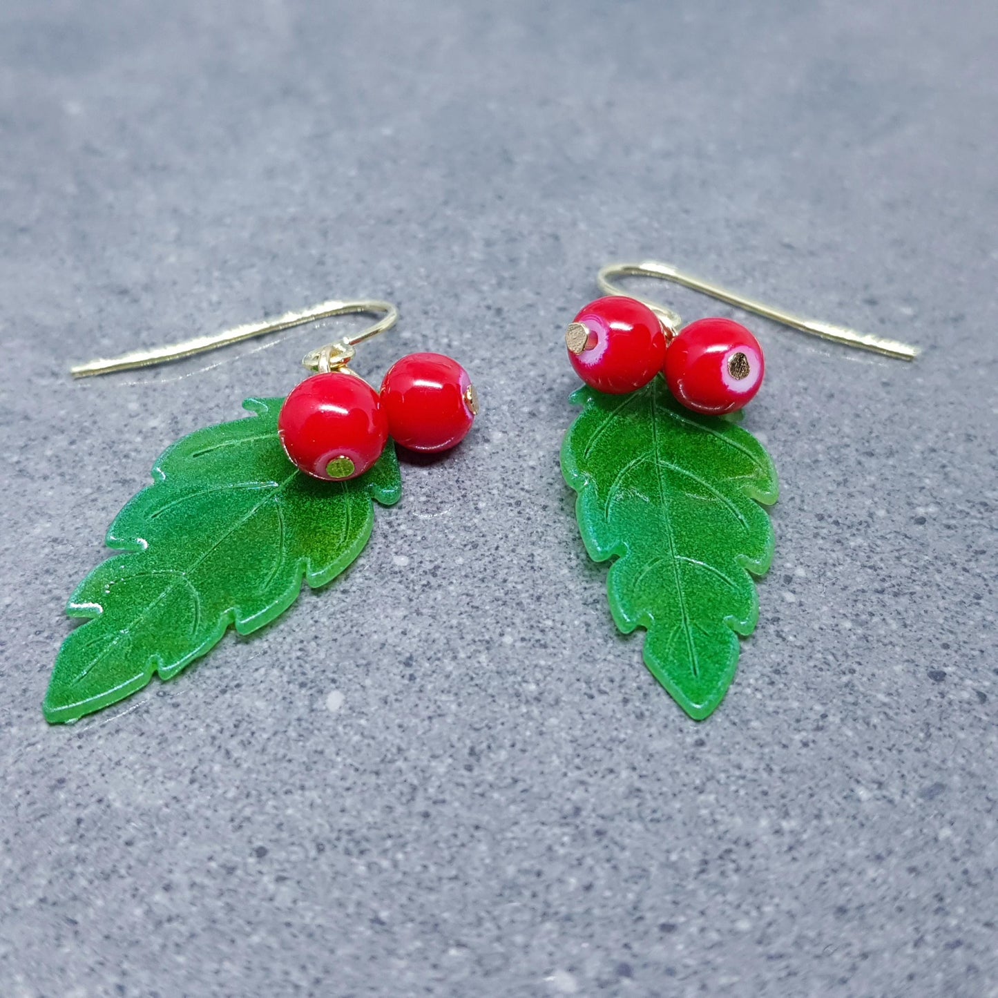 Glass Holly Earrings, Berry Earrings, Choice of Ear Wires, Glass Jewelry, Winter Earrings, Christmas Jewelry