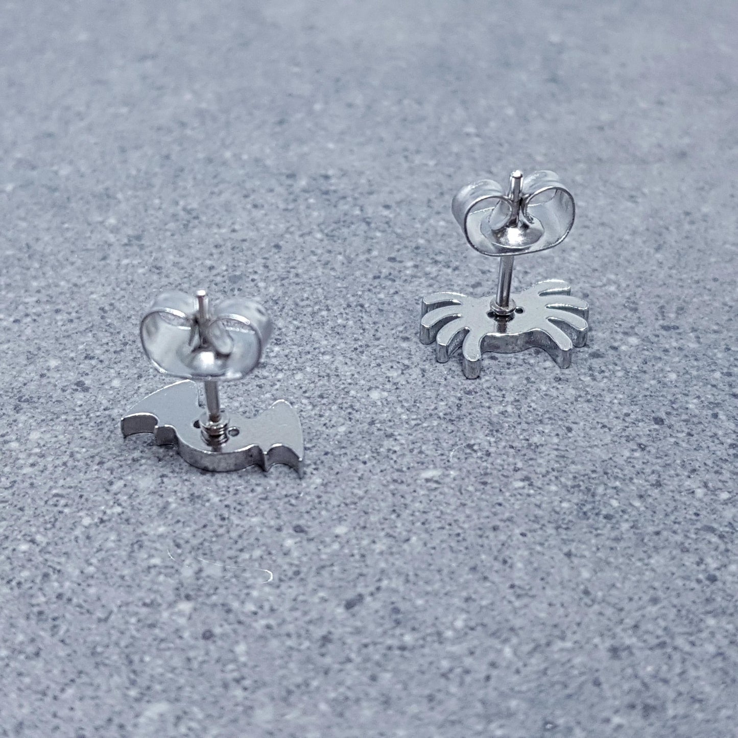 Spider and Bat Earrings, Stainless Steel Ear Studs, Hypoallergenic Earrings, Silver Earrings, Halloween Earrings, Spooky Earrings