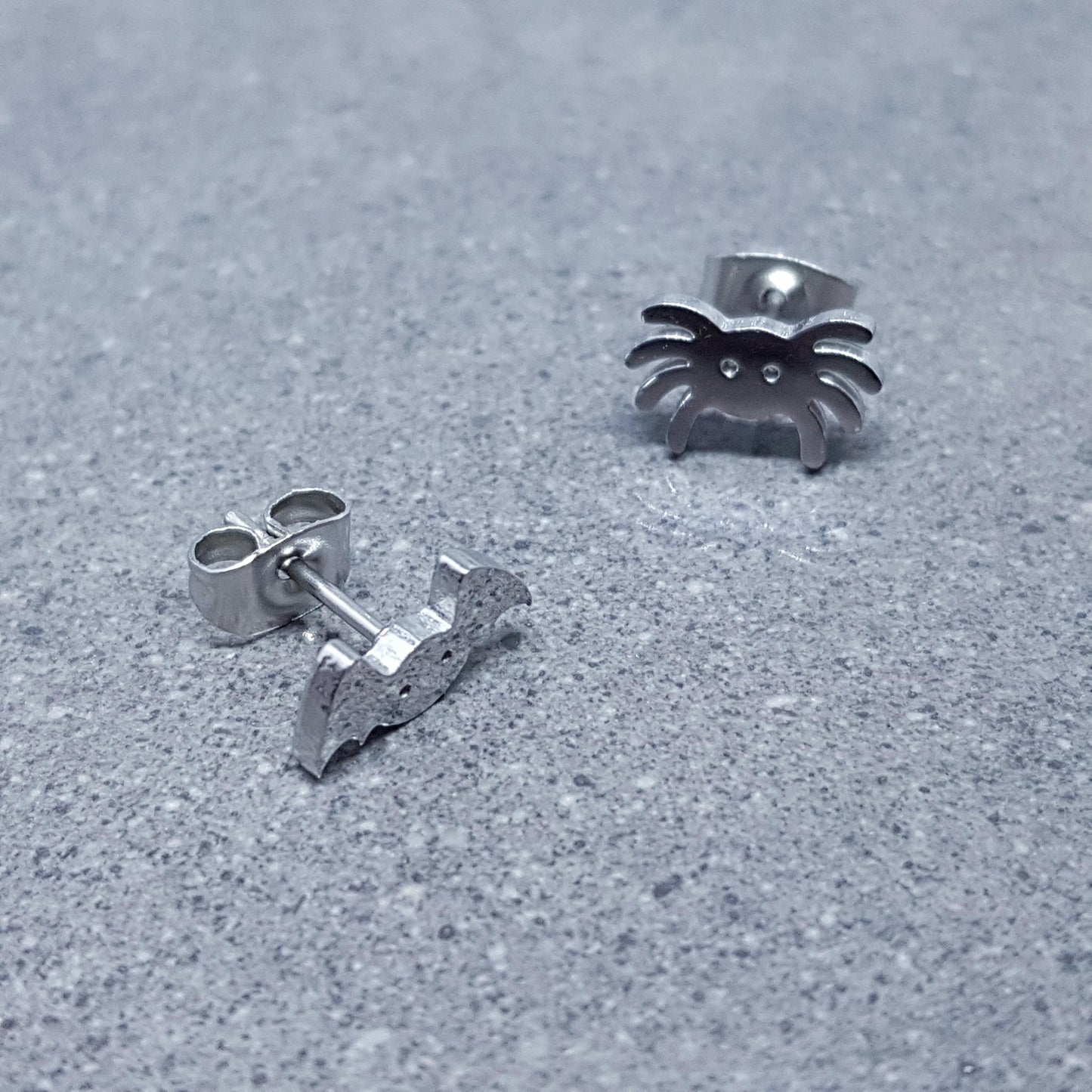 Spider and Bat Earrings, Stainless Steel Ear Studs, Hypoallergenic Earrings, Silver Earrings, Halloween Earrings, Spooky Earrings