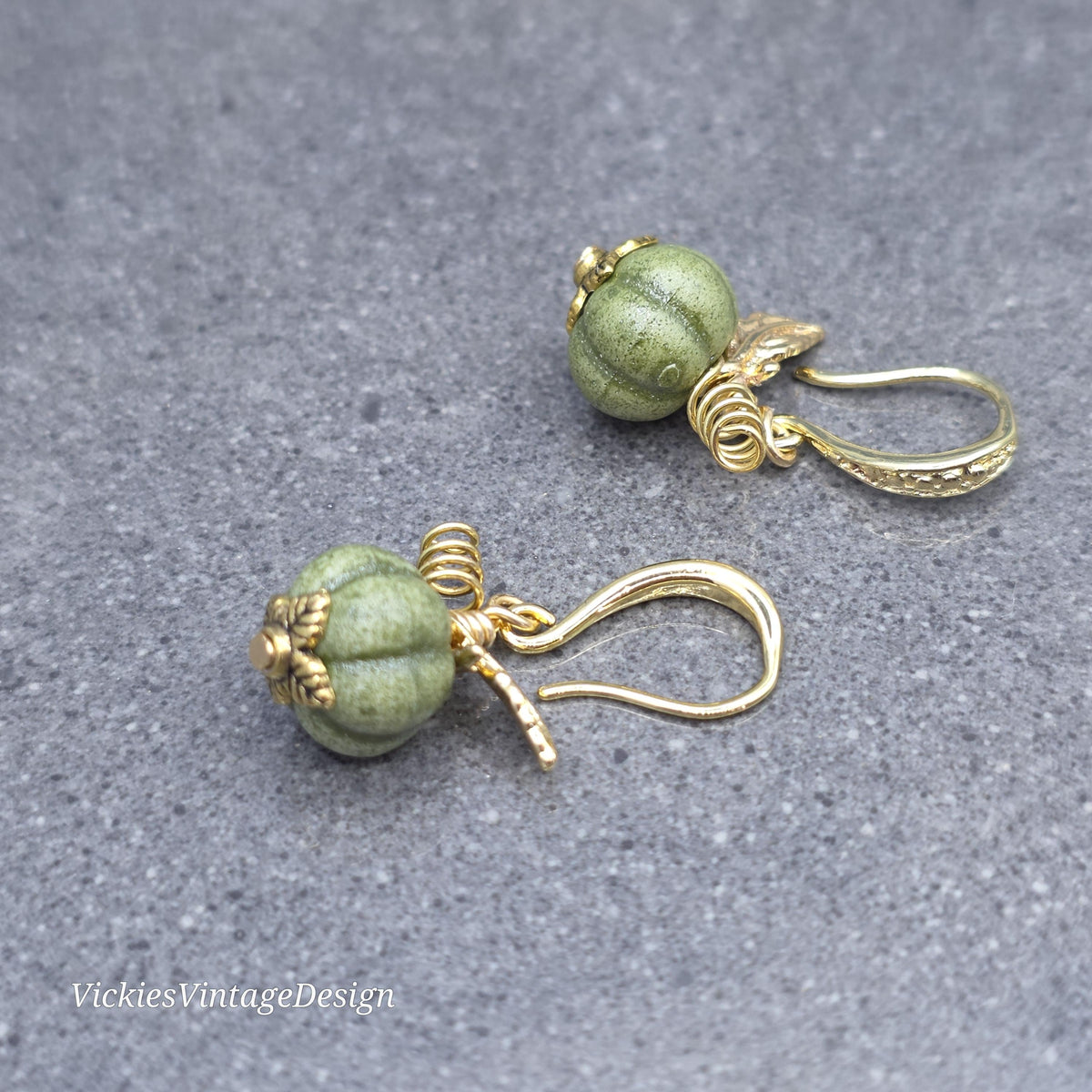 Porcelain Pumpkin Earrings, Antique Glazed Olive Colour