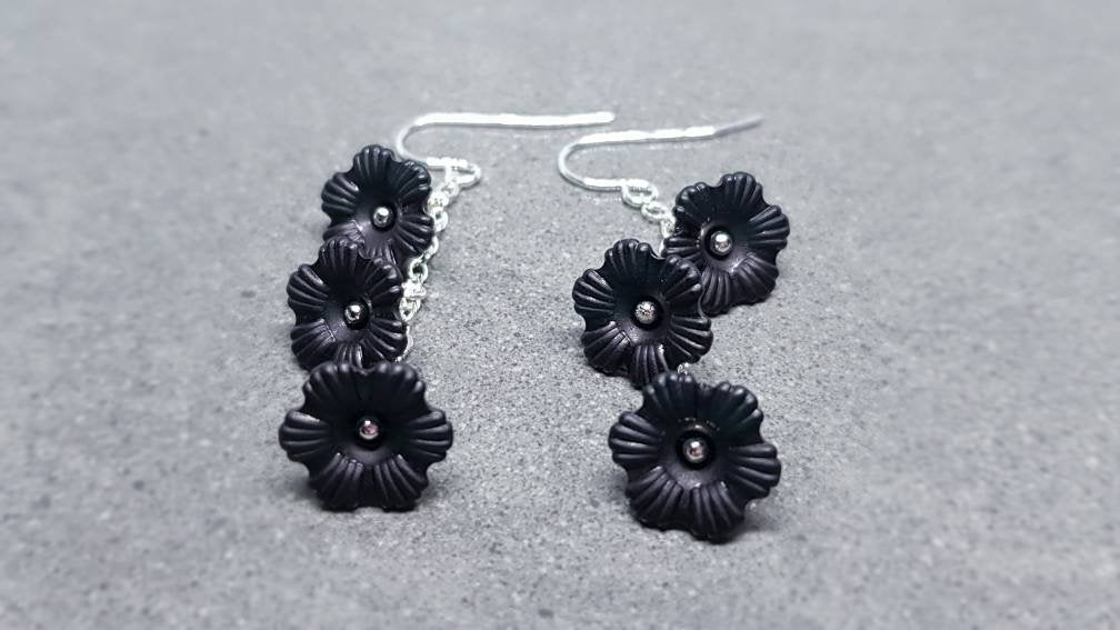Flower Earrings, Hypoallergenic Ear Wires, Black Earrings, Boho Jewelry, Simple Vintage Earrings