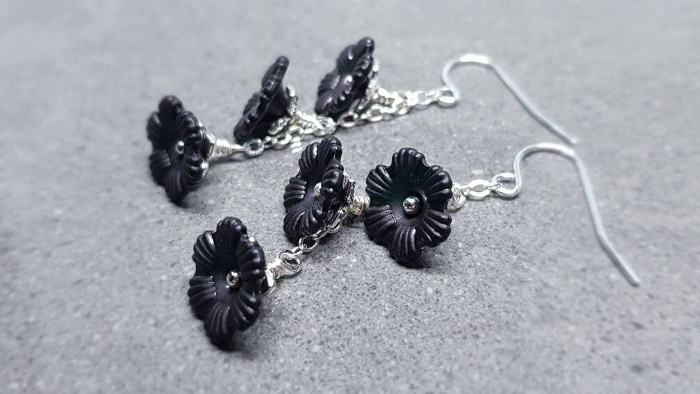 Flower Earrings, Hypoallergenic Ear Wires, Black Earrings, Boho Jewelry, Simple Vintage Earrings