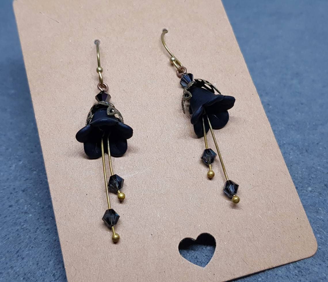 Black Flower Earrings, Hypoallergenic ear wires, Sterling Silver Ear Wires, Black PRIMERO Crystals®