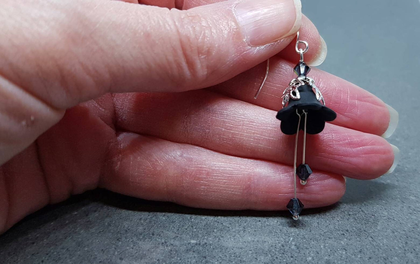 Black Flower Earrings, Hypoallergenic ear wires, Sterling Silver Ear Wires, Black PRIMERO Crystals®