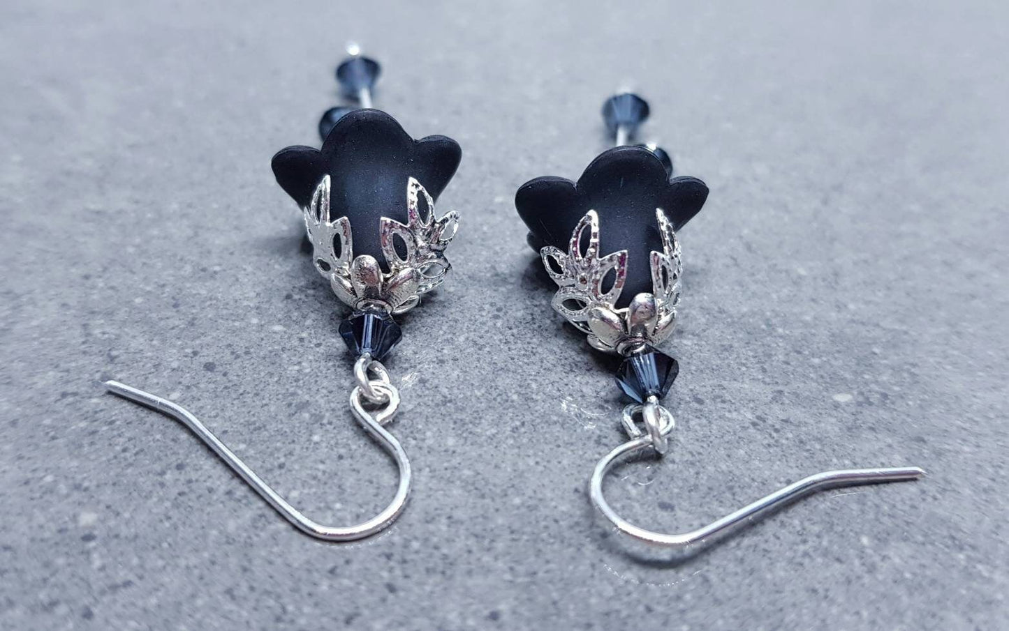 Black Flower Earrings, Hypoallergenic ear wires, Sterling Silver Ear Wires, Black PRIMERO Crystals®