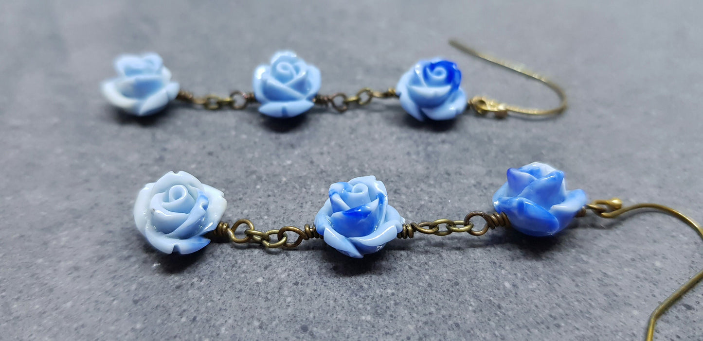 Rose Dangle Earrings, Hypoallergenic Ear Wires, Royal Blue Earrings, Rose Earrings, Vintage Style Earrings