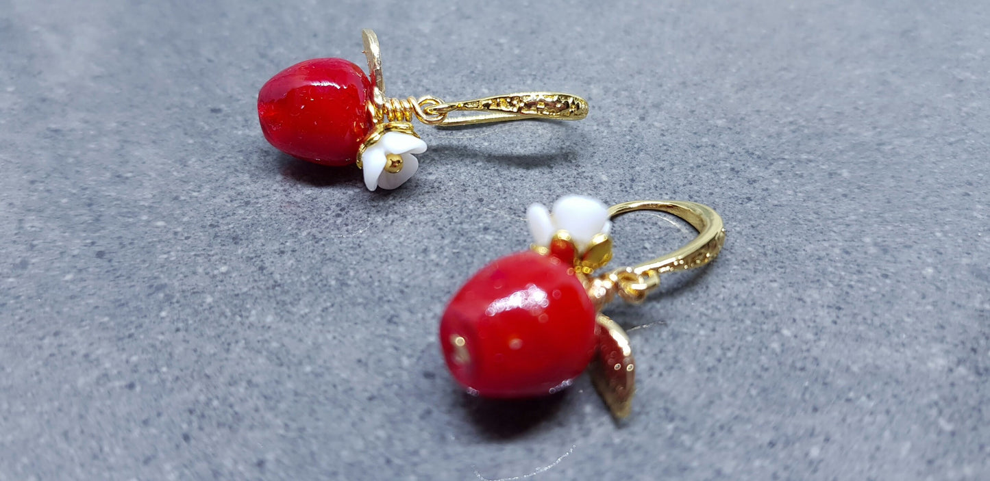 Glass Apple Earrings, Hypoallergenic Ear Wires, Fruit Earrings, Glass Jewelry, Autumn Earrings, Red Apple Earrings, Flower Earrings