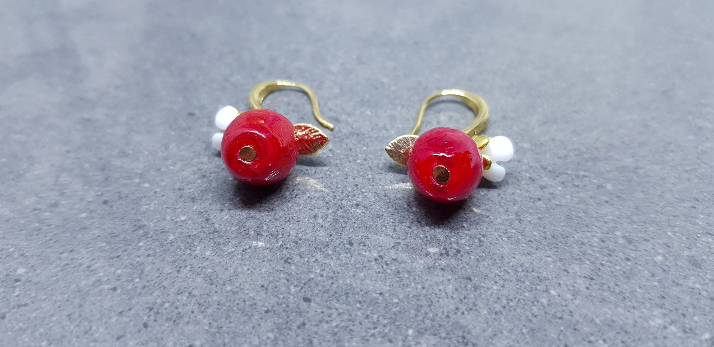 Glass Apple Earrings, Hypoallergenic Ear Wires, Fruit Earrings, Glass Jewelry, Autumn Earrings, Red Apple Earrings, Flower Earrings