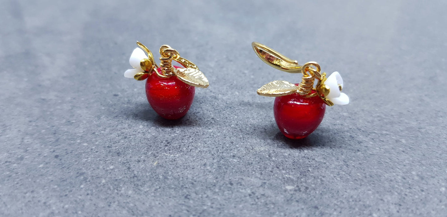 Glass Apple Earrings, Hypoallergenic Ear Wires, Fruit Earrings, Glass Jewelry, Autumn Earrings, Red Apple Earrings, Flower Earrings