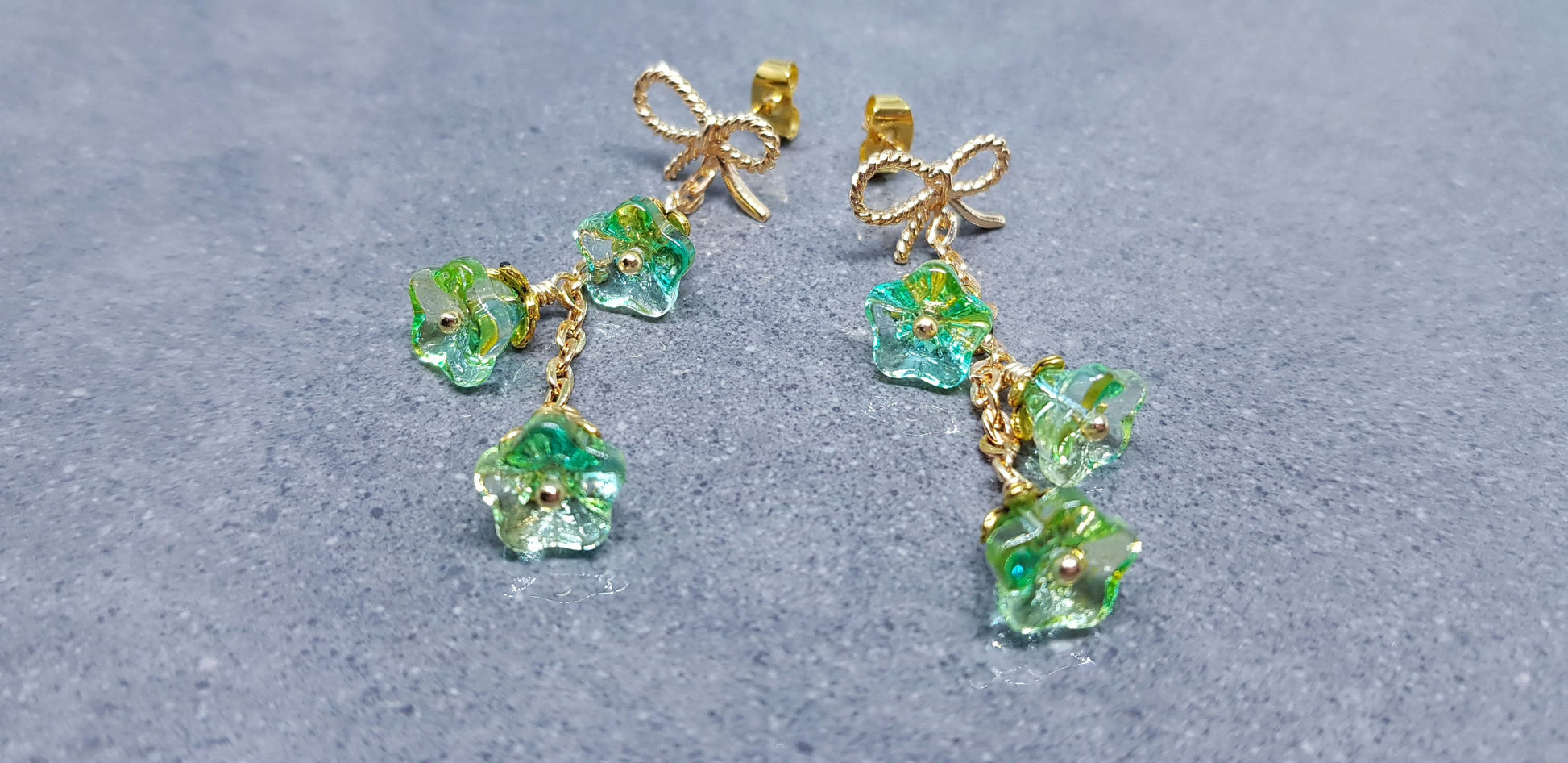 Flower Earrings, Brass bow studs, Glass Flowers, Sea Green, Gold Plated, Individually Hand Wire Wrapped, Pretty Earrings