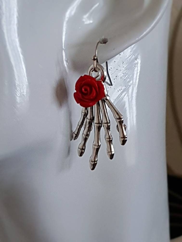 Skeleton Hand Earrings, Hypoallergenic Ear Wires, Skeleton Jewellery, Red Rose's, Gothic Jewellery