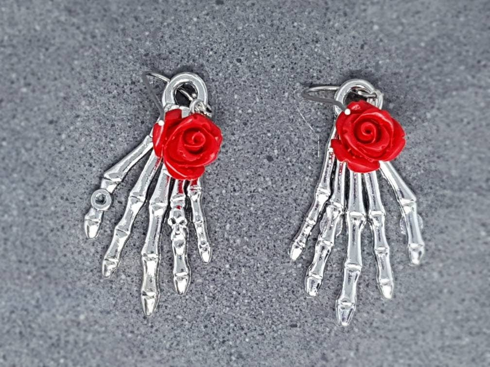 Skeleton Hand Earrings, Hypoallergenic Ear Wires, Skeleton Jewellery, Red Rose's, Gothic Jewellery