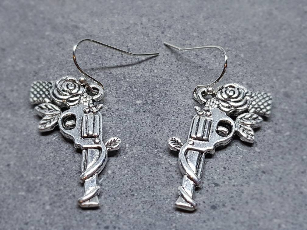 Guns N Roses Earrings, Hypoallergenic Ear Wires, Rock and Roll Jewelry, Gun Earrings, Gun Jewelry, Revolver Earrings, Gothic Jewellery