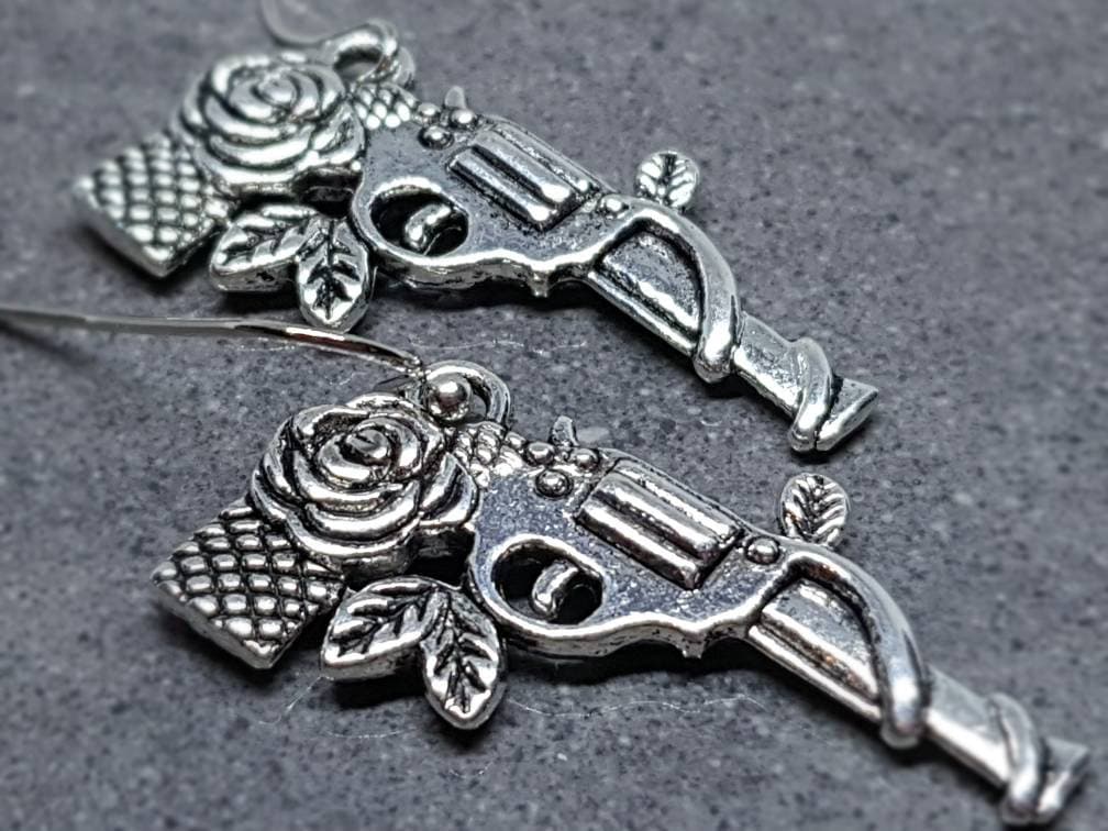Guns N Roses Earrings, Hypoallergenic Ear Wires, Rock and Roll Jewelry, Gun Earrings, Gun Jewelry, Revolver Earrings, Gothic Jewellery