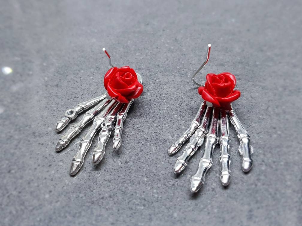 Skeleton Hand Earrings, Hypoallergenic Ear Wires, Skeleton Jewellery, Red Rose's, Gothic Jewellery