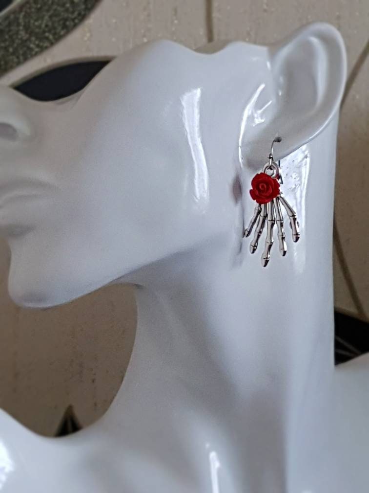 Skeleton Hand Earrings, Hypoallergenic Ear Wires, Skeleton Jewellery, Red Rose's, Gothic Jewellery