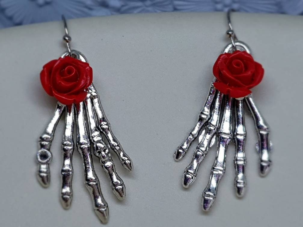 Skeleton Hand Earrings, Hypoallergenic Ear Wires, Skeleton Jewellery, Red Rose's, Gothic Jewellery