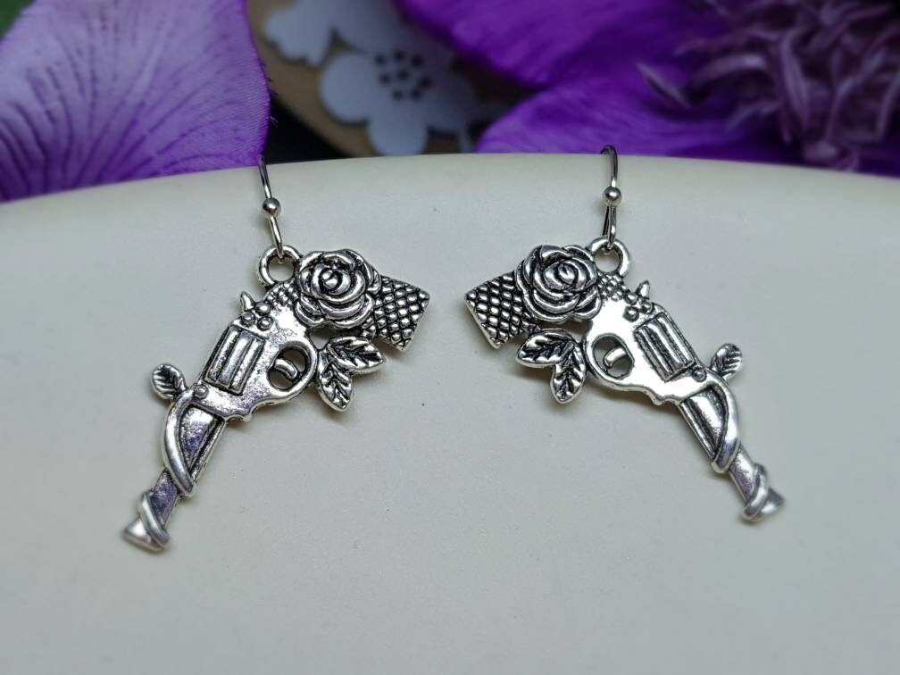 Guns N Roses Earrings, Hypoallergenic Ear Wires, Rock and Roll Jewelry, Gun Earrings, Gun Jewelry, Revolver Earrings, Gothic Jewellery