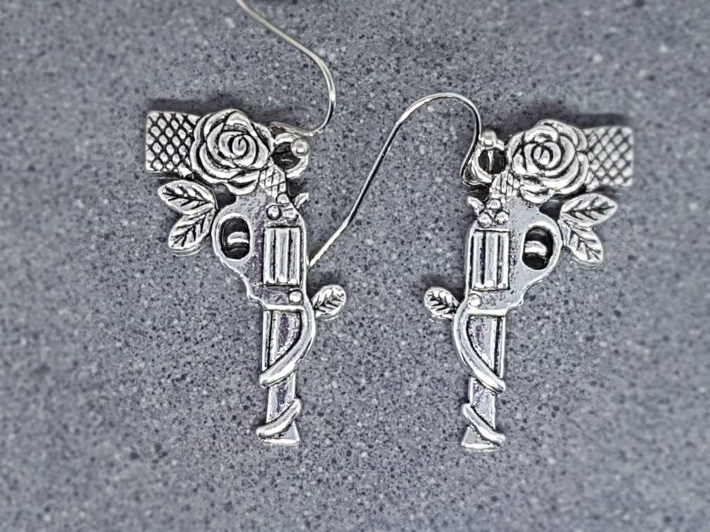 Guns N Roses Earrings, Hypoallergenic Ear Wires, Rock and Roll Jewelry, Gun Earrings, Gun Jewelry, Revolver Earrings, Gothic Jewellery