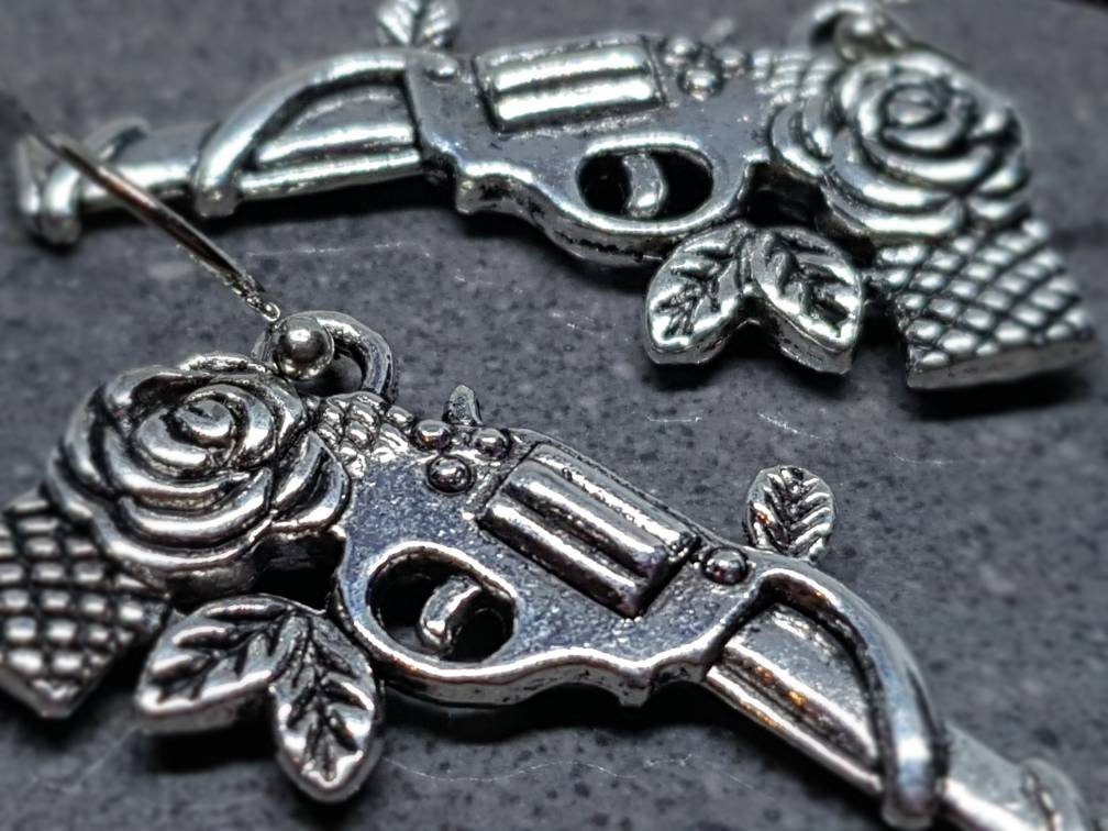 Guns N Roses Earrings, Hypoallergenic Ear Wires, Rock and Roll Jewelry, Gun Earrings, Gun Jewelry, Revolver Earrings, Gothic Jewellery