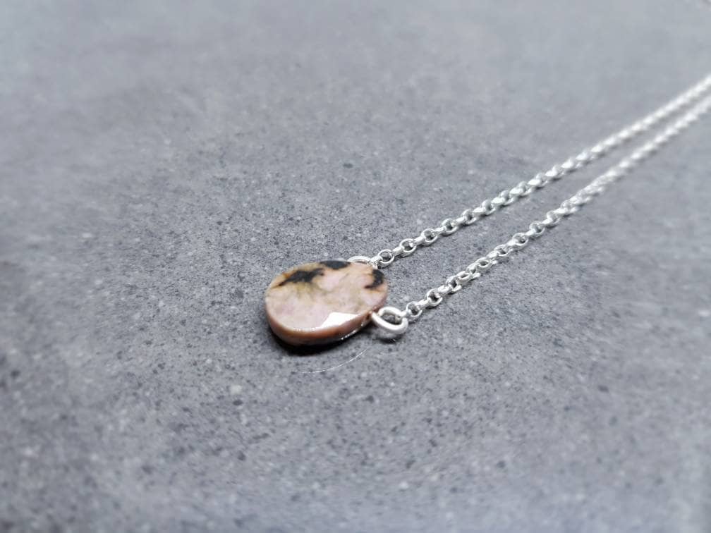 Handmade Rhodonite Gemstone Necklace, Rhodonite Jewellery, Gemstone Jewellery, Silver Plated, 925 Sterling Necklace