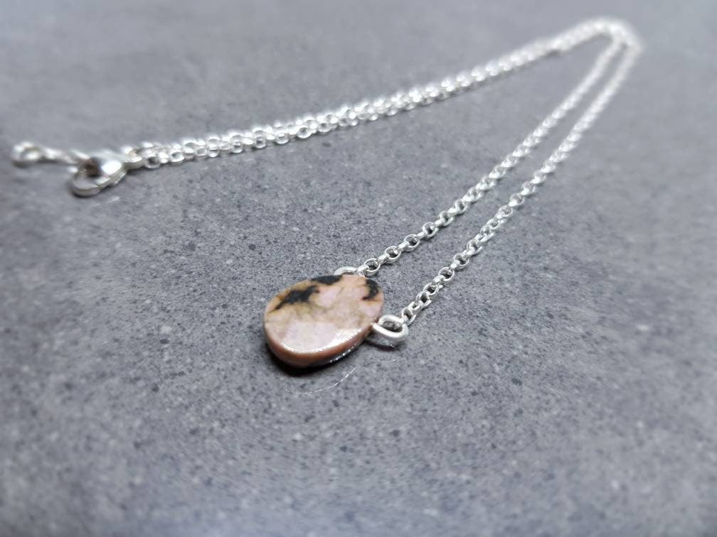 Handmade Rhodonite Gemstone Necklace, Rhodonite Jewellery, Gemstone Jewellery, Silver Plated, 925 Sterling Necklace