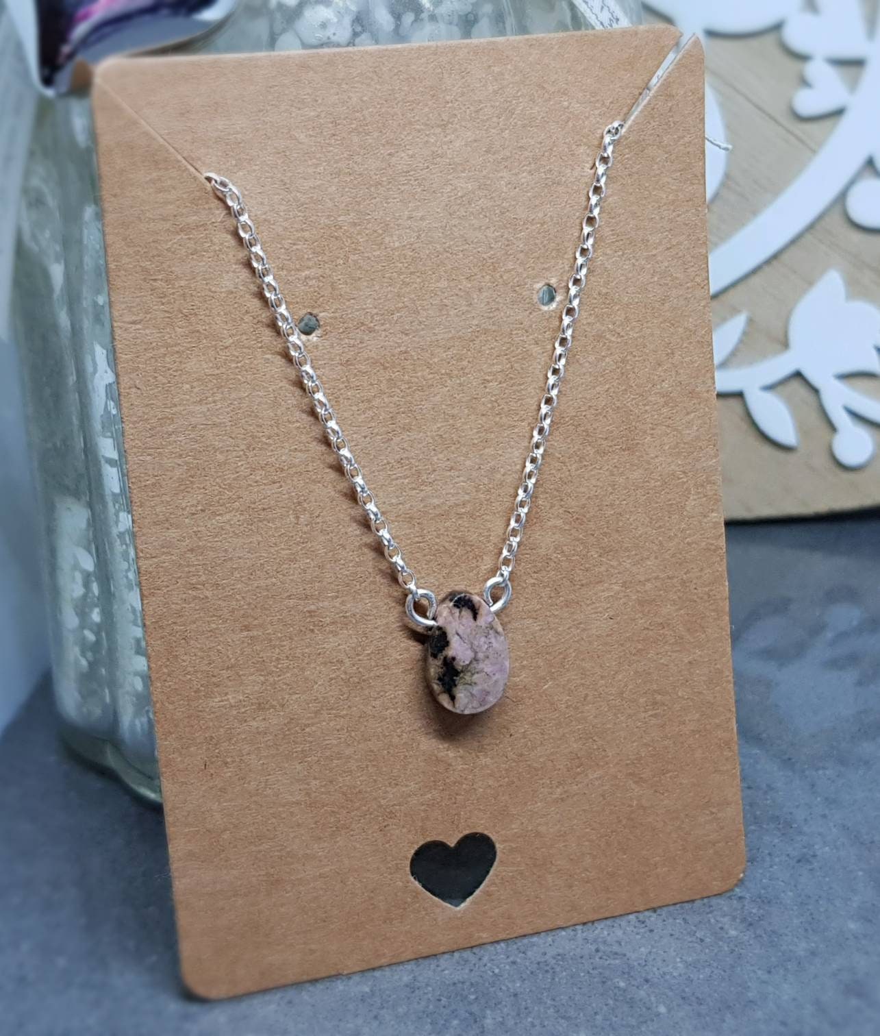 Handmade Rhodonite Gemstone Necklace, Rhodonite Jewellery, Gemstone Jewellery, Silver Plated, 925 Sterling Necklace