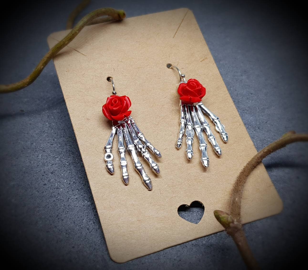 Skeleton Hand Earrings, Hypoallergenic Ear Wires, Skeleton Jewellery, Red Rose's, Gothic Jewellery