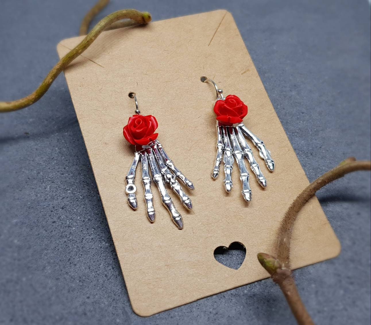 Skeleton Hand Earrings, Hypoallergenic Ear Wires, Skeleton Jewellery, Red Rose's, Gothic Jewellery