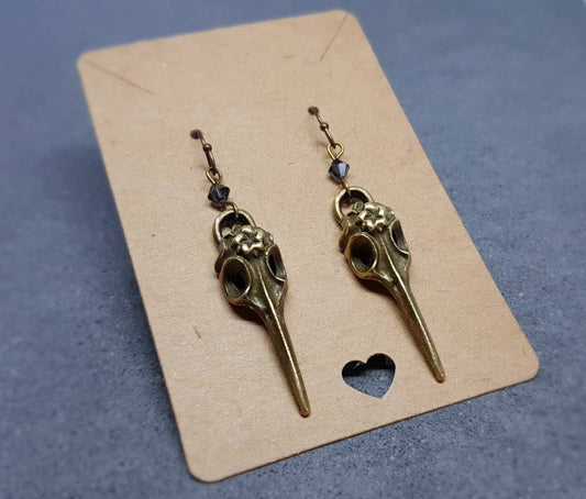 Raven Skull Earrings, PRIMERO Crystals®, Hypoallergenic Ear Wires, Bird Skull Earrings, Skull Earrings, Gothic Jewellery