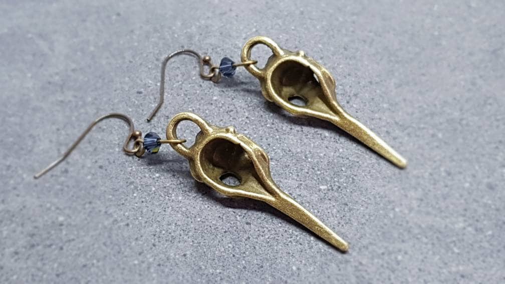 Raven Skull Earrings, PRIMERO Crystals®, Hypoallergenic Ear Wires, Bird Skull Earrings, Skull Earrings, Gothic Jewellery