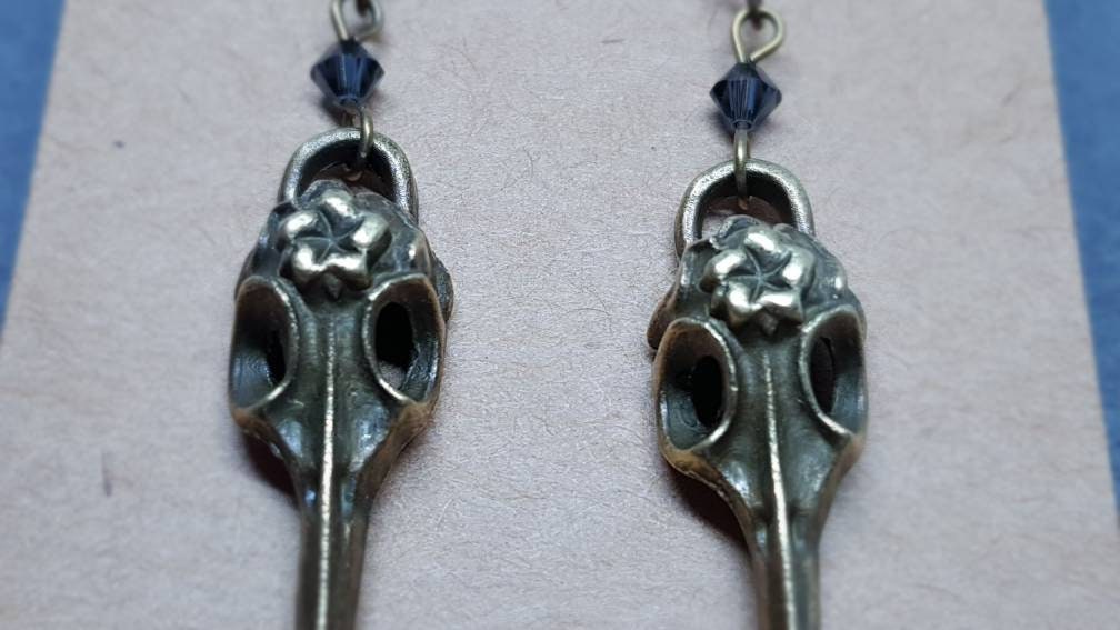 Raven Skull Earrings, PRIMERO Crystals®, Hypoallergenic Ear Wires, Bird Skull Earrings, Skull Earrings, Gothic Jewellery