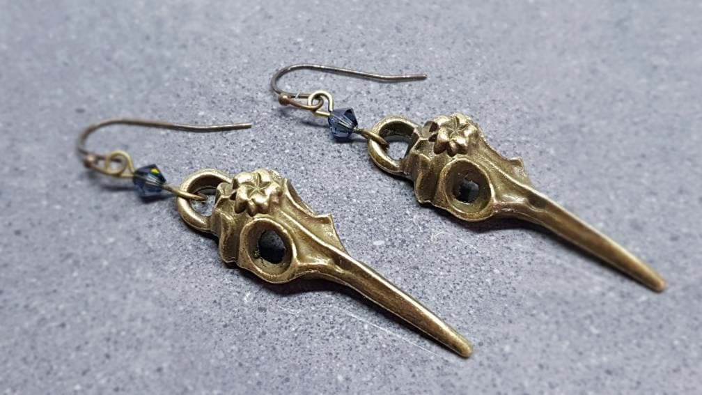 Raven Skull Earrings, PRIMERO Crystals®, Hypoallergenic Ear Wires, Bird Skull Earrings, Skull Earrings, Gothic Jewellery