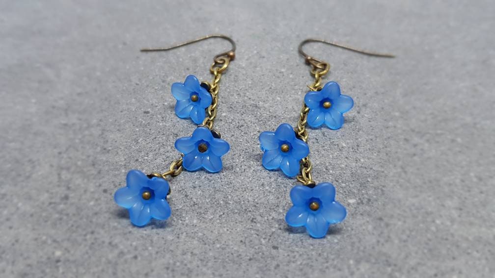 Flower Earrings, Hypoallergenic Ear Wires, Royal Blue Earrings, Boho Jewelry, Simple Vintage Earrings