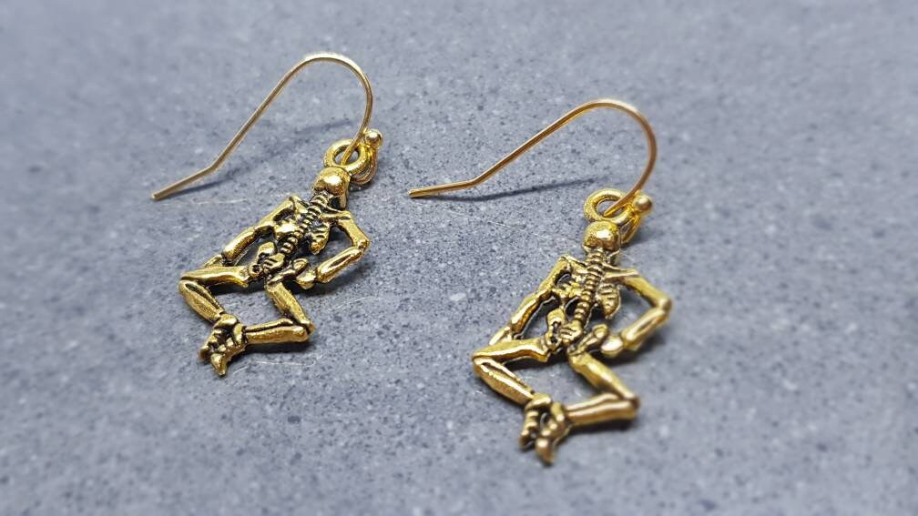 Skeleton Earrings, Hypoallergenic Ear Wires, Gold Skeleton, Gothic Jewellery