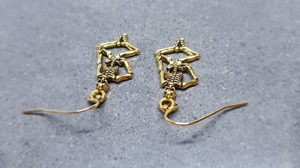 Skeleton Earrings, Hypoallergenic Ear Wires, Gold Skeleton, Gothic Jewellery