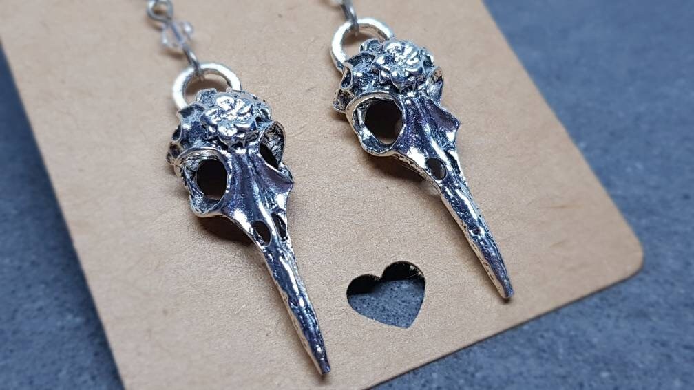 Raven Skull Earrings, Hypoallergenic Ear Wires, Bird Skull Earrings, Skull Earrings, Gothic Jewellery, Lightweight & Detailed Earrings