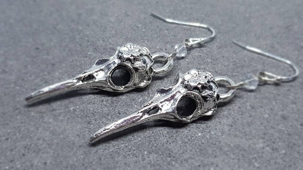 Raven Skull Earrings, Hypoallergenic Ear Wires, Bird Skull Earrings, Skull Earrings, Gothic Jewellery, Lightweight & Detailed Earrings