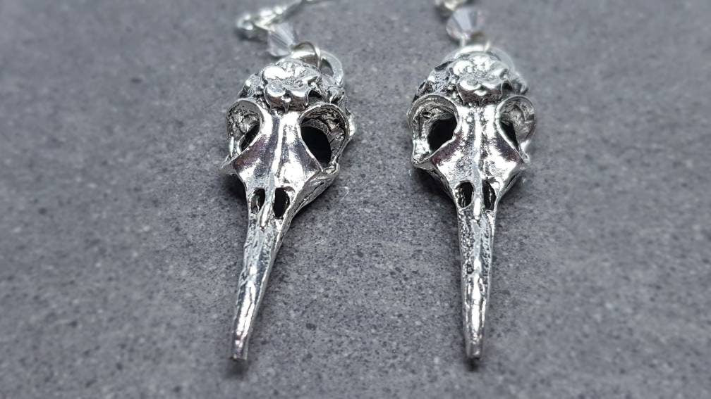 Raven Skull Earrings, Hypoallergenic Ear Wires, Bird Skull Earrings, Skull Earrings, Gothic Jewellery, Lightweight & Detailed Earrings