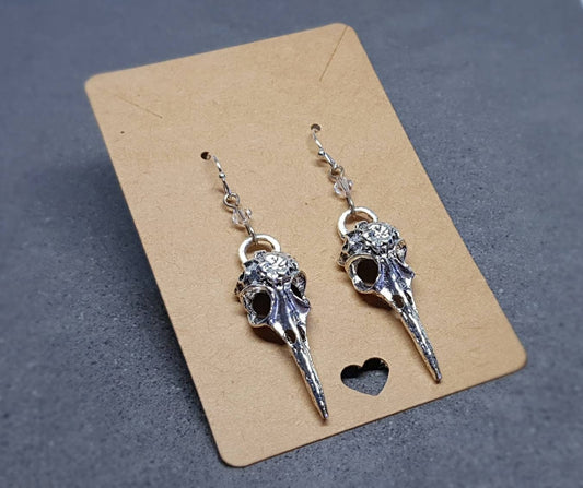 Raven Skull Earrings, Hypoallergenic Ear Wires, Bird Skull Earrings, Skull Earrings, Gothic Jewellery, Lightweight & Detailed Earrings
