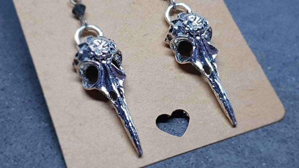 Raven Skull Earrings, Choice of Ear Wires, Bird Skull Earrings, Skull Earrings, Gothic Jewellery, Lightweight & Detailed, PRIMERO Crystals®