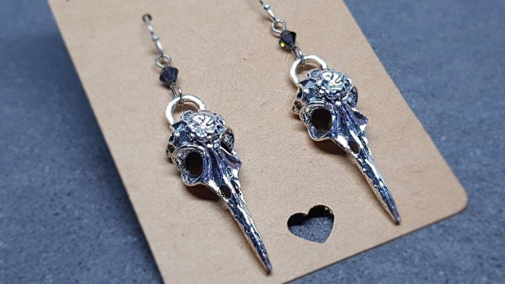 Raven Skull Earrings, Choice of Ear Wires, Bird Skull Earrings, Skull Earrings, Gothic Jewellery, Lightweight & Detailed, PRIMERO Crystals®