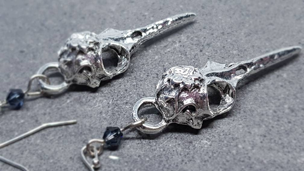 Raven Skull Earrings, Choice of Ear Wires, Bird Skull Earrings, Skull Earrings, Gothic Jewellery, Lightweight & Detailed, PRIMERO Crystals®