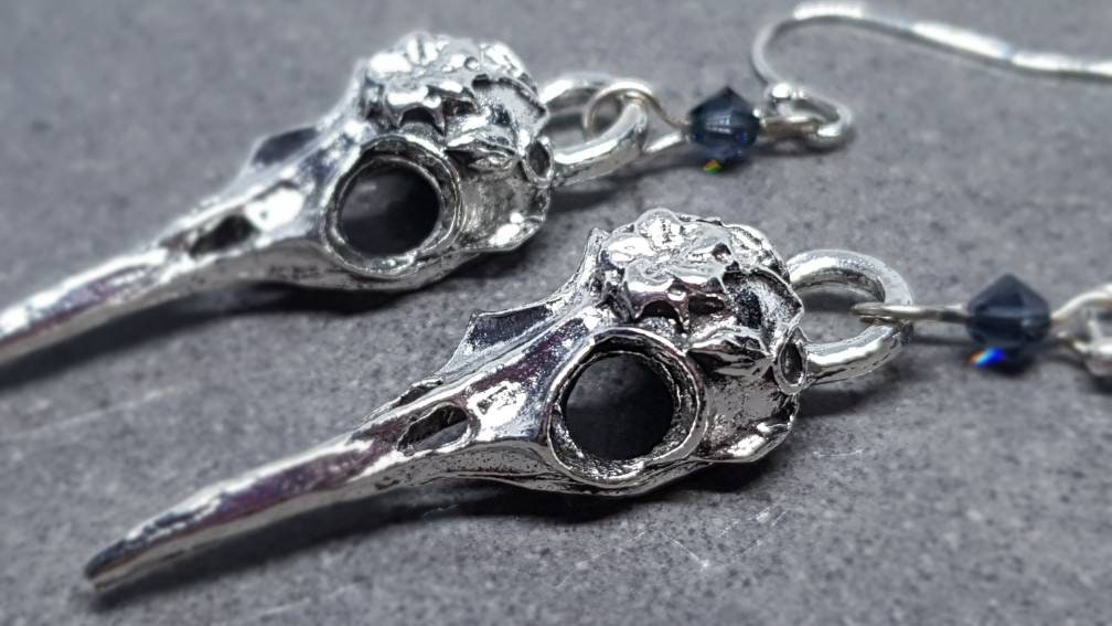 Raven Skull Earrings, Choice of Ear Wires, Bird Skull Earrings, Skull Earrings, Gothic Jewellery, Lightweight & Detailed, PRIMERO Crystals®