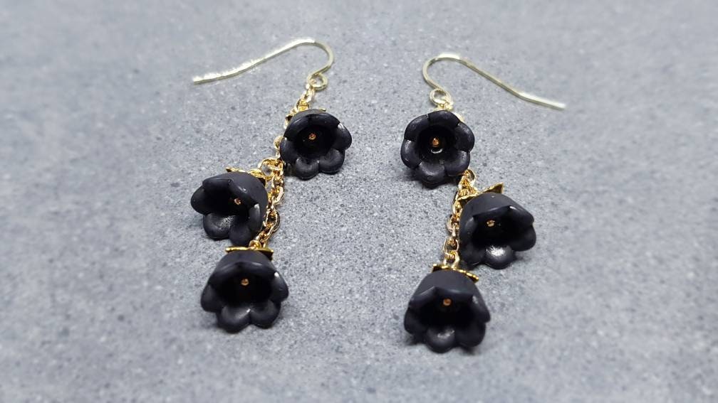 Flower Earrings, Hypoallergenic Ear Wires, Black Earrings, Boho Jewelry, Simple Vintage Earrings