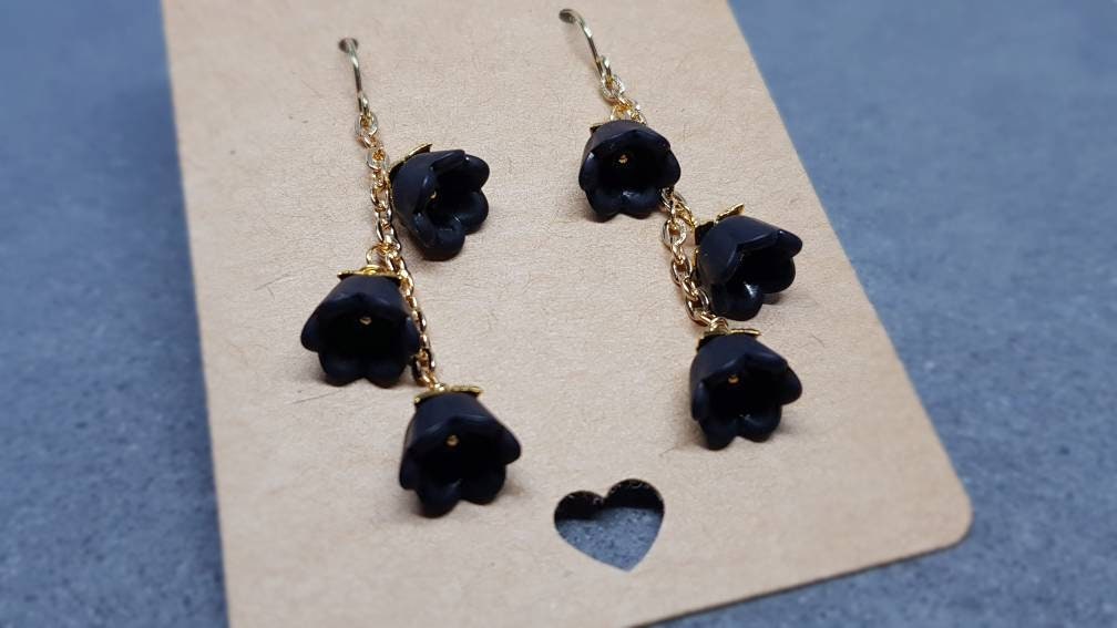 Flower Earrings, Hypoallergenic Ear Wires, Black Earrings, Boho Jewelry, Simple Vintage Earrings