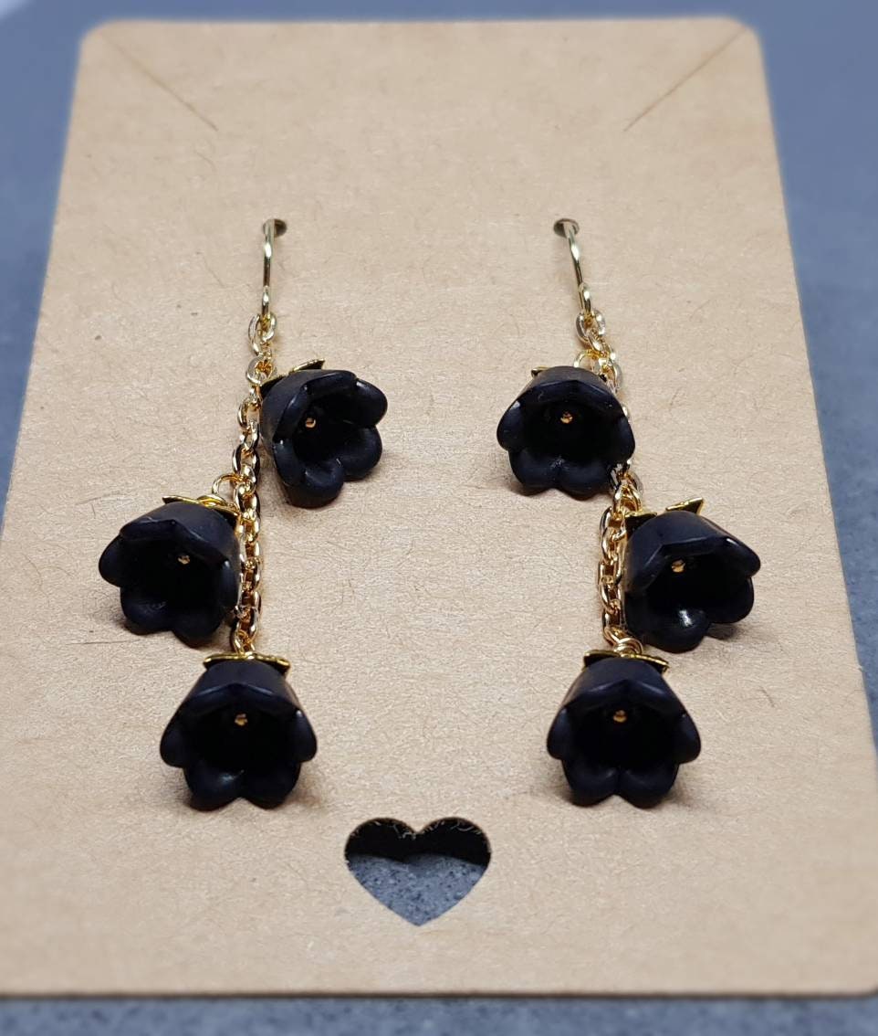 Flower Earrings, Hypoallergenic Ear Wires, Black Earrings, Boho Jewelry, Simple Vintage Earrings