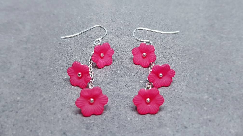 Flower Earrings, Hypoallergenic Ear Wires, Deep Pink Earrings, Boho Jewelry, Simple Vintage Earrings