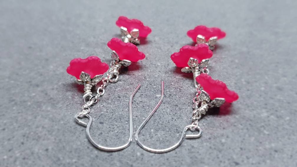 Flower Earrings, Hypoallergenic Ear Wires, Deep Pink Earrings, Boho Jewelry, Simple Vintage Earrings