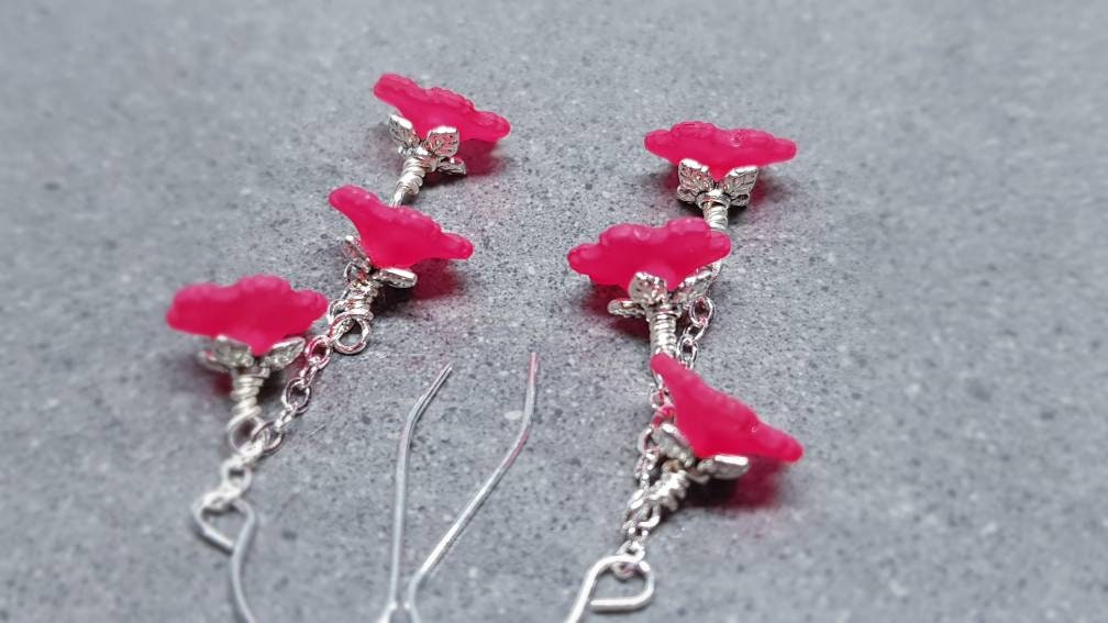Flower Earrings, Hypoallergenic Ear Wires, Deep Pink Earrings, Boho Jewelry, Simple Vintage Earrings